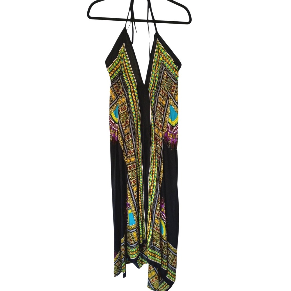 Womens Dashiki Print Halter Maxi Dress Black Multi Geometric Boho Festival M